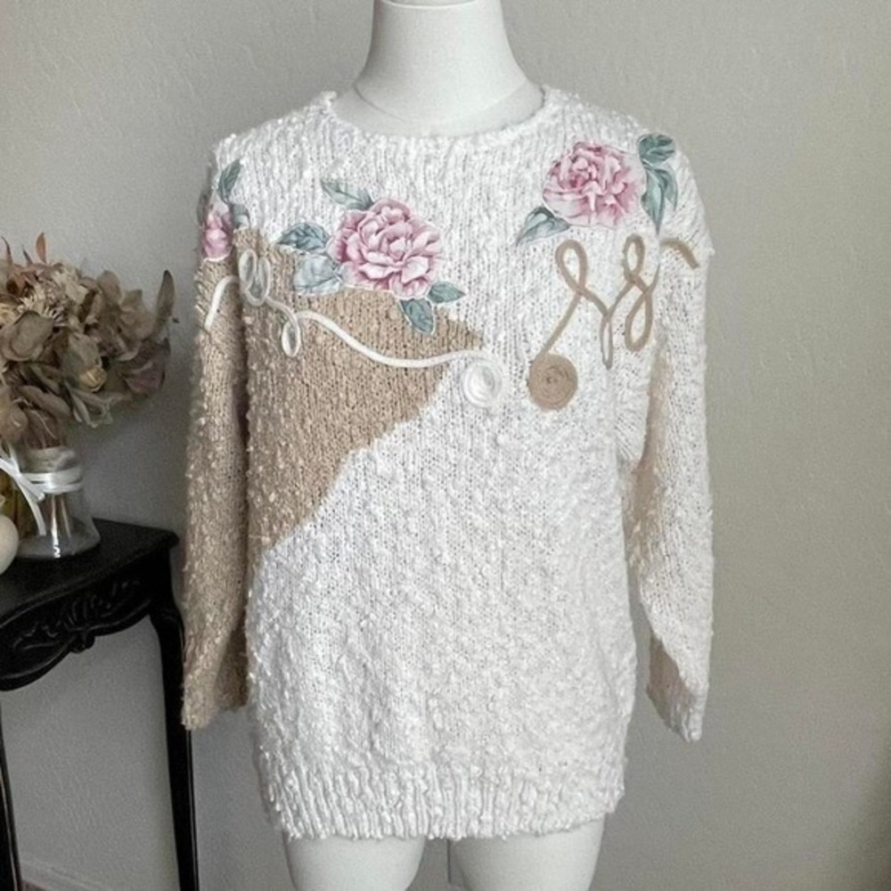 Gotham Floral Knit Sweater Womens Medium White Pink Vintage 80s Popcorn Applique